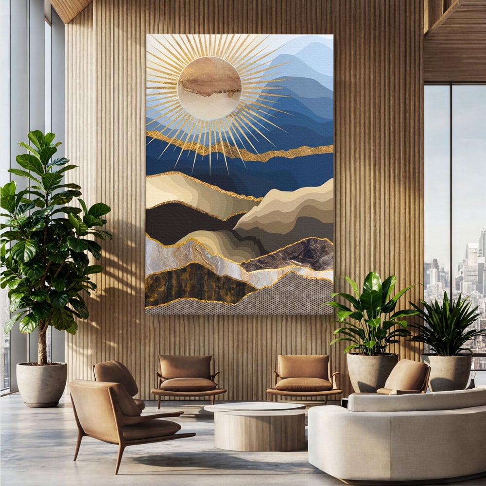 Tablou canvas cu tablou canvas cu peisaj montan, fara rama, pe sasiu de lemn, pe perete intr-un birou